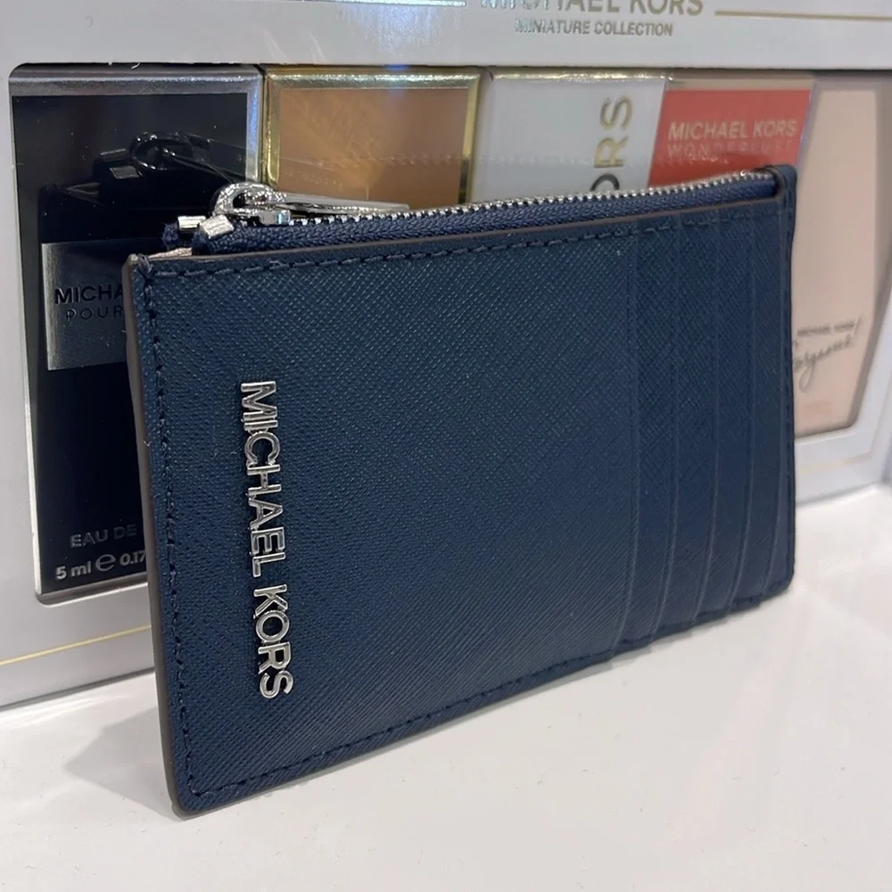 Michael Kors Jet Set Travel Medium Leather Card Case Navy Silver NWT